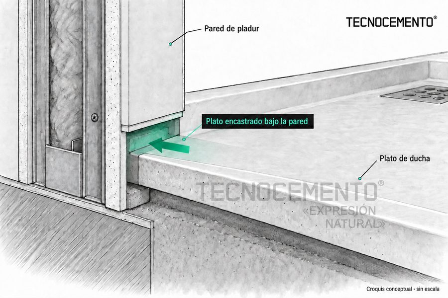 Croquis conceptual sin escala del encuentro entre el plato de ducha y la pared de cartón yeso