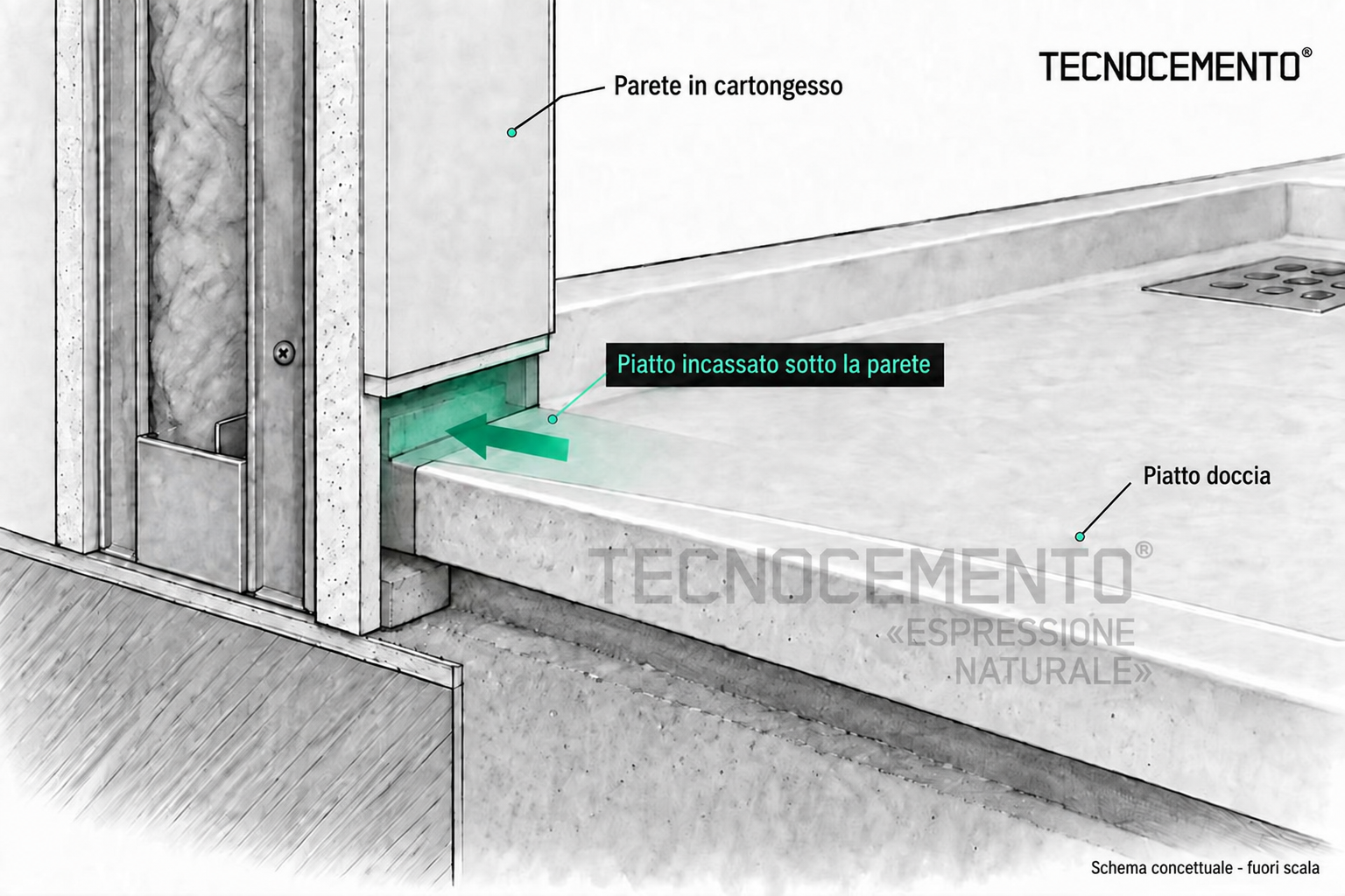 Schema concettuale fuori scala del raccordo tra piatto doccia e parete in cartongesso